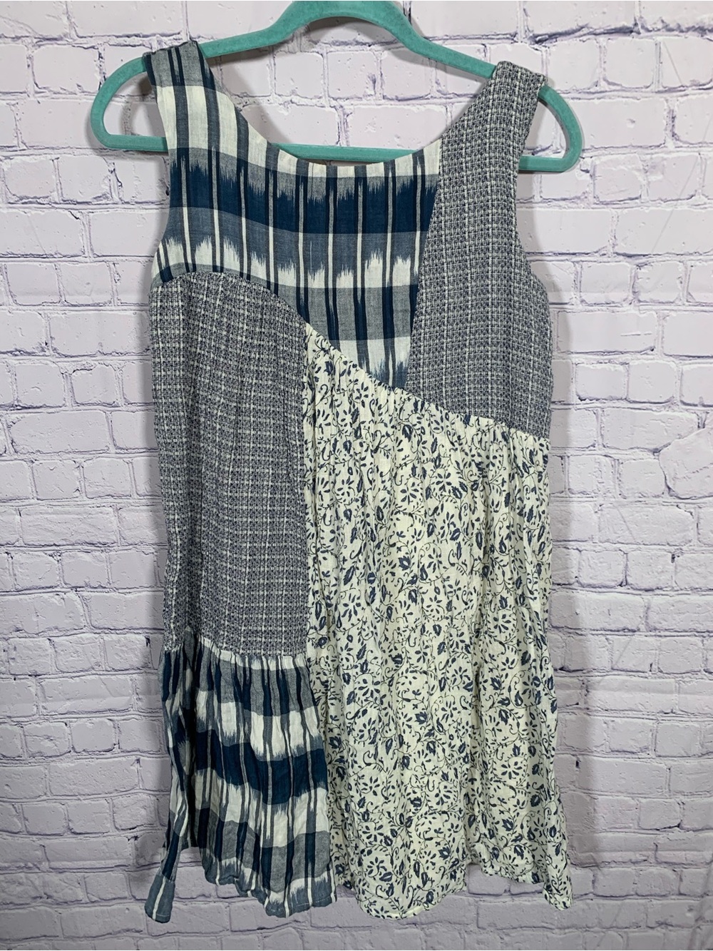 Holding Horses Womens Anthropologie Patchwork Swing Dress Blue White Sz XS Boho